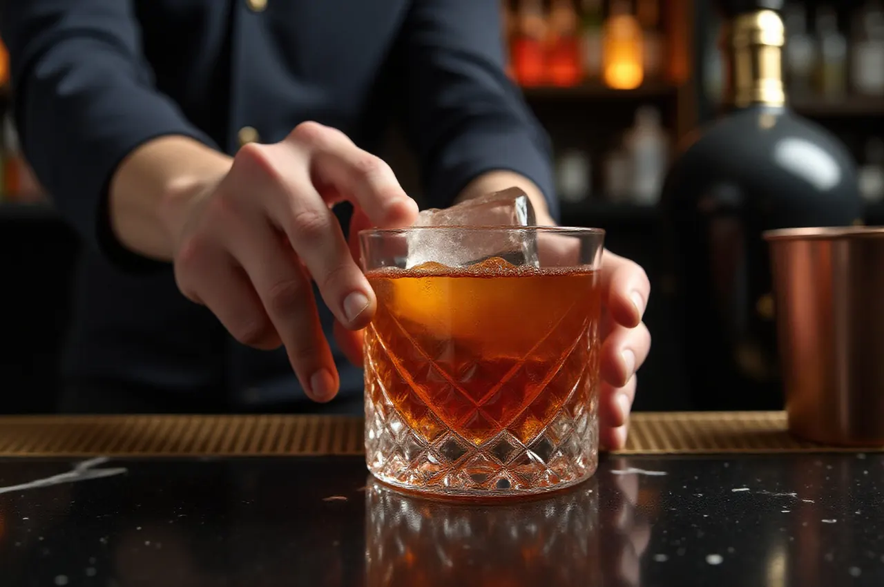 Dłonie barmana podające old fashioned z dużą przejrzystą kostką lodu na barze