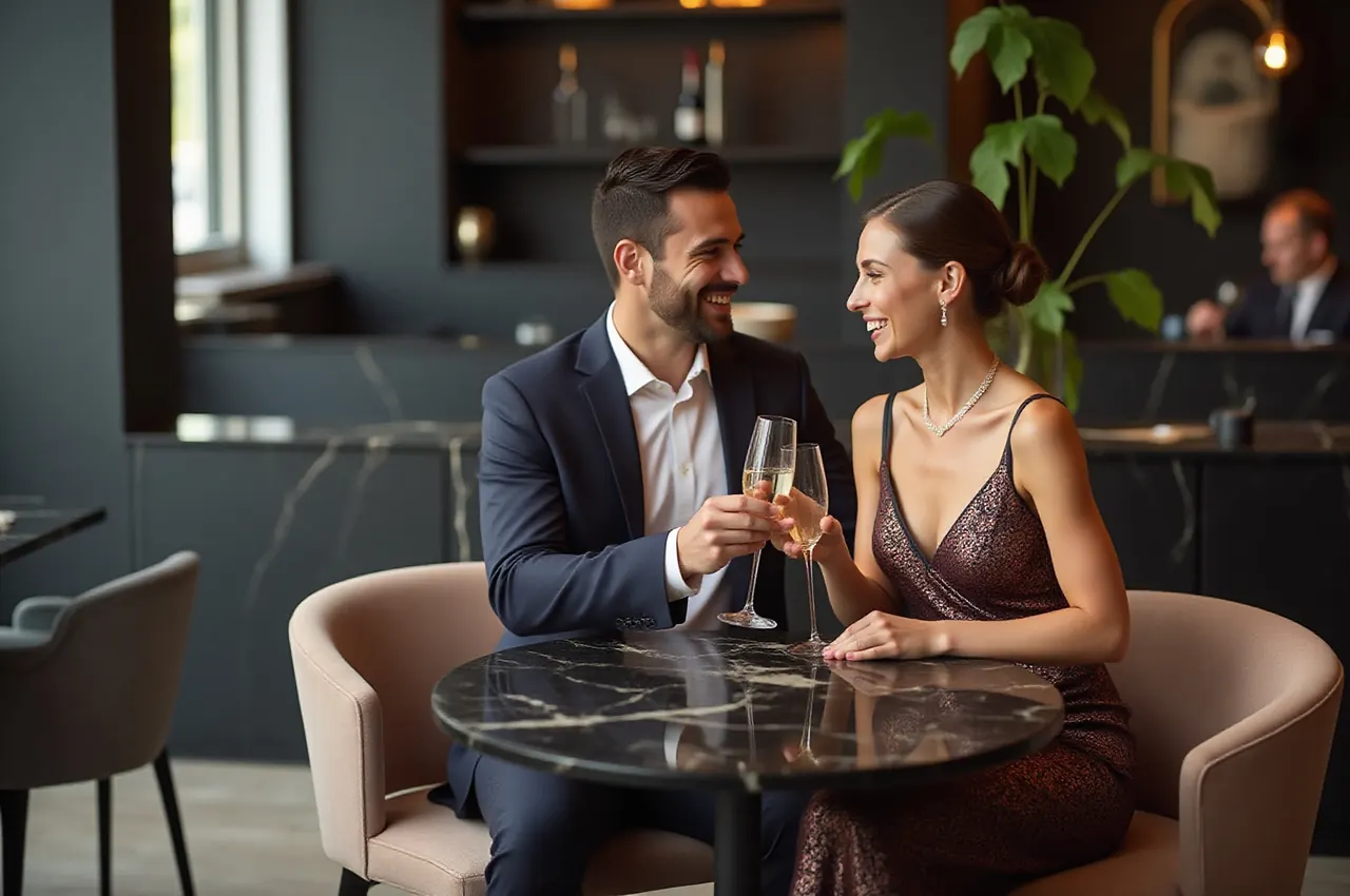 Uśmiechnięta para w strojach wieczorowych wznosi toast kieliszkami wina musującego przy stoliku restauracji