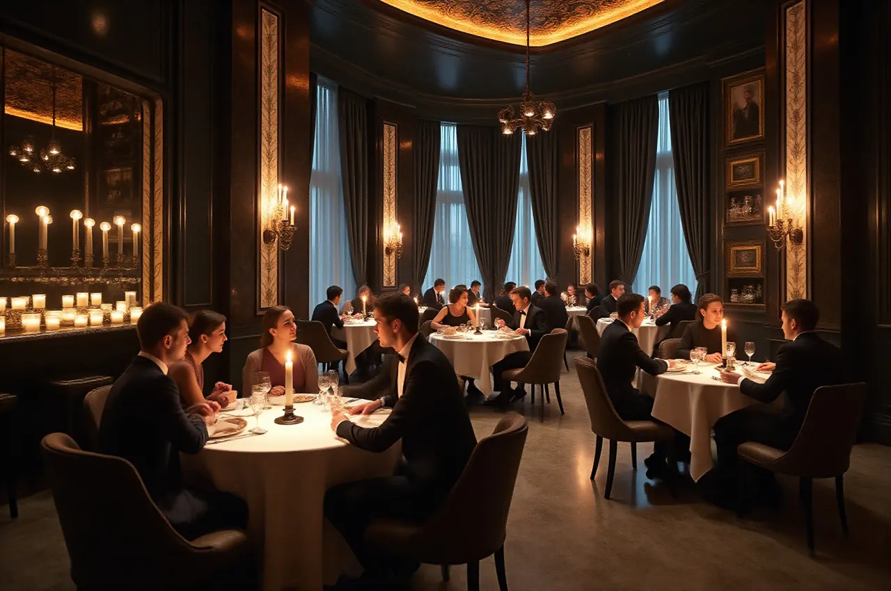 Elegancka sala restauracji i salonu gry wieczorem, goście w strojach wieczorowych przy stolikach ze świecami, granatowe wnętrze z miedzianymi detalami