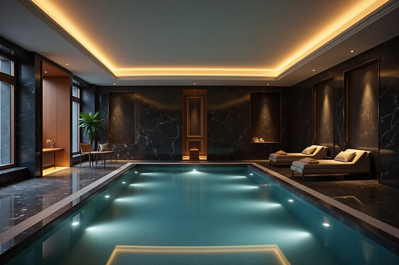 Kryty basen hotelowy w strefie relaksu, delikatnie oświetlony